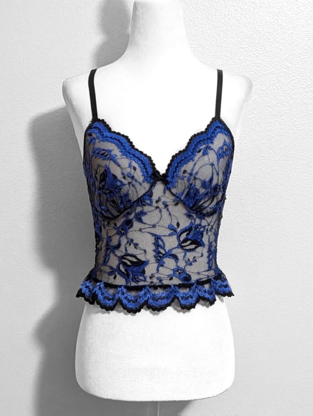Vintage Shirley of Hollywood Black & Blue Sheer Floral Lace Cami Top | Size M